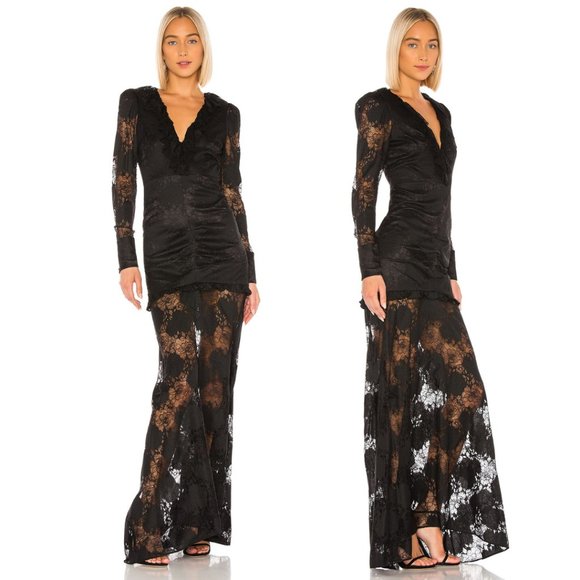 Alexis Lucasta Dress Black Lace Evening Gown Long Sleeve Ruffle V-Neck Large - Picture 1 of 15